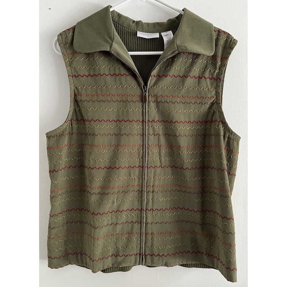 Alfred Dunner Women's Vest Green Zip Sleeveless Size 10 Embroidered Sweater Back